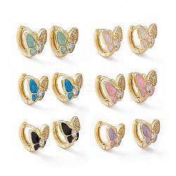 Clear Cubic Zirconia Butterfly Hoop Earrings with Enamel, Real 18K Gold Plated Brass Jewelry for Women, Lead Free & Cadmium Free, Mixed Color, 11.5x13x10mm, Pin: 1mm