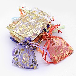 Estampage or rose fleur rectangle organza sacs-cadeaux, bijoux sachets d'emballage de étirables, couleur mixte, 9x7 cm