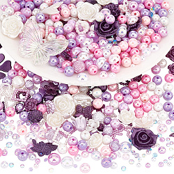 Pandahall elite kit de fabricación de joyas de diy, incluyendo cabujones de resina y cuentas, Abalorios de acrílico, Flor y mariposa y anillo y redondo, púrpura, 4~30x4~41x2~9mm, agujero: 1.4~2.5 mm
