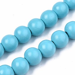Spray Painted Natural Wood Beads Strands, Round, Cyan, 15~16x14~15mm, Hole: 3~4mm, about 25pcs/strand, 14.17 inch~14.45 inch(36cm~36.7cm)