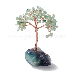 Natural Green Aventurine Tree Display Decoration, Reiki Spiritual Energy Tree, Raw Fluorite Base Feng Shui Ornament for Wealth, Luck, Rose Gold Brass Wires Wrapped, 45~66x76~82x125~133mm