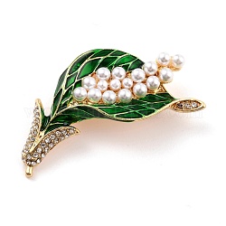 Flower of Life Alloy Brooch with Resin Pearl, Exquisite Rhinestone Lapel Pin for Girl Women, Golden, Green, 53x27x5mm, Pin: 0.8mm