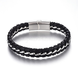 Bracelets de cordon en cuir, avec fermoirs magnétiques en 304 acier inoxydable, noir, couleur inoxydable, 9 pouce (22.8 cm), 11.5mm