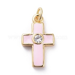 Breloques croix minuscules zircone cubique, avec les accessoires en laiton et émail, or, rose, 15x9x2.5mm, Trou: 1.8mm