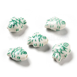 Handmade Printed Porcelain Beads, Fish, Green, 14.5~15x11.5~12x7~7.5mm, Hole: 1.6mm