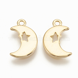Brass Charms, Moon, Nickel Free, Real 18K Gold Plated, 12x8x1mm, Hole: 1mm