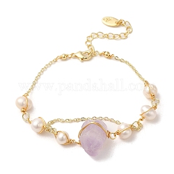 Pépites d'améthyste naturelle et bracelets à maillons de perles, avec des chaînes en laiton, véritable 14k plaqué or, 6-3/4 pouce (17.2 cm)