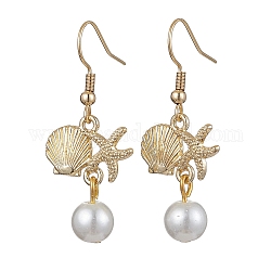 Pendientes colgantes de aleación con forma de estrella de mar y concha., aretes colgantes con perlas de vidrio, dorado, 40x18mm