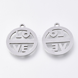 201 Stainless Steel Pendants, Laser Cut Pendants, Flat Round with LOVE, Stainless Steel Color, 17x15x1mm, Hole: 1.2mm