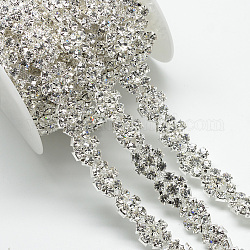 Wedding Dress Decorative Brass Rhinestone Chains, with Spool, Rhinestone Cup Chain, Flower, Silver Color Plated, Crystal, 17x6.5mm, about 5yards/roll