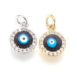 Brass Micro Pave Cubic Zirconia Charms, with Enamel and Jump Ring, Evil Eye, Mixed Color, 11x9x3mm, Hole: 3mm