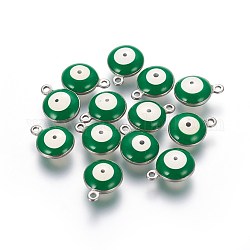 304 Edelstahl Emaille Anhänger / charms, flach rund mit bösen Blick, Edelstahl Farbe, grün, 11x8x3.5 mm, Bohrung: 1.5 mm
