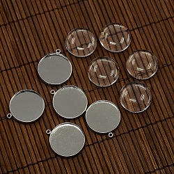 20mm Clear Domed Glass Cabochon Cover and Brass Blank Pendant Cabochon Settings for DIY Portrait Pendant Making, Platinum, Pendant: 21mm, Hole: 1mm