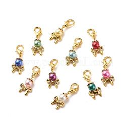 Acrylic Imitation Pearl Pendant Decorations, Lobster Clasp Charms, Clip-on Charms, for Keychain, Purse, Backpack Ornament, Stitch Marker, Bowknot, Mixed Color, 35.5~36mm
