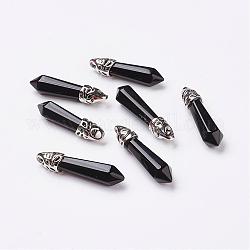 Pendentifs pointus d'obsidienne naturelle, avec les accessoires en alliage de tonalité de platine, balle, 33~40x8~9x8~9mm, Trou: 3x4mm