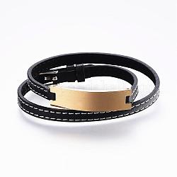 Cordón de cuero envuelva las pulseras, con fornituras de acero inoxidable, estampar etiqueta en blanco, dorado, 14-5/8 pulgada (37 cm) x6 mm