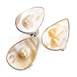 Freshwater Shell with Pearl Adjustable Finger Rings for Girl Women, Platinum Brass Rings, Teardrop, 4mm, Inner Diameter: 18mm, Teardrop: 30~34x20~24mm