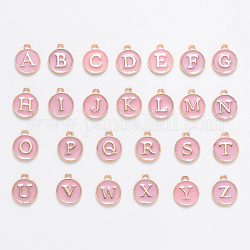 Anfangsbuchstabe a~z Alphabet Emaille Charms, flache runde Scheibe doppelseitige Charms, rosa, 14x12x2 mm, Bohrung: 1.5 mm, 26 Stück / Set
