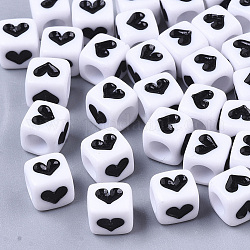 Perles acryliques opaques, cube avec le coeur, noir, 6x6x6mm, Trou: 3.5mm, environ 3200 pcs/500 g
