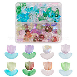 160 Stück sprühlackierte transparente Glasperlen im 12-Stil, Tulpenblüte und -blatt, Mischfarbe, 6.5~9x9~14x4.5~5.5 mm, Bohrung: 1 mm
