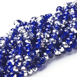 Electroplate Glass Beads Strands, Half Silver Plated, Faceted, Rondelle, Dark Blue, 6x4mm, Hole: 1mm, about 95pcs/strand, 16inch/strand