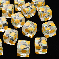 Transparent bedruckten Acryl-Perlen, Quadrat mit Fruchtmuster, Zitronen-Muster, 16x16x16 mm, Bohrung: 3 mm