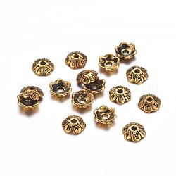 6 -petal de style tibétain casquettes fleur d'alliage de perles, sans cadmium et sans plomb, Or antique, 6x2mm, Trou: 1mm