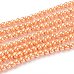 Umweltfreundliche runde Perlenstränge aus gefärbtem Glasperlen, Klasse A, Baumwollkordel Gewinde, Koralle, 4~4.5 mm, Bohrung: 0.7~1.1 mm, ca. 104 Stk. / Strang, 15 Zoll