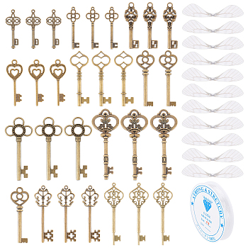 SUNNYCLUE 61Pcs Flying Keys Charms Vintage Keys Kit 10 Styles Dragonfly Wings Charm Keys with Fabric Dragonfly Wings & 11 Yards Elastic Crystal String for DIY Art Craft Jewellery Making Crafts DIY-SC0017-48