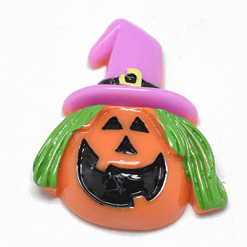 Resin Cabochons, Halloween Pumpkin Jack-O'-Lantern, Coral, 29x25x7.5mm