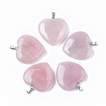 Pendentifs de quartz rose naturel, avec cliquet en acier inoxydable, cœur, couleur inoxydable, 31x30x8mm, Trou: 5.5x2.5mm