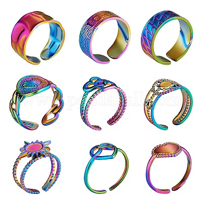 Wholesale 9Pcs 9 Style 304 Stainless Steel Hand & Infinite & Heart & Moon  Cuff Rings 