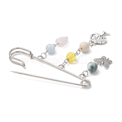 Wholesale Natural & Synthetic Mixed Gemstone Heart & Butterfly & Tree  Charms Safety Pin Brooch 