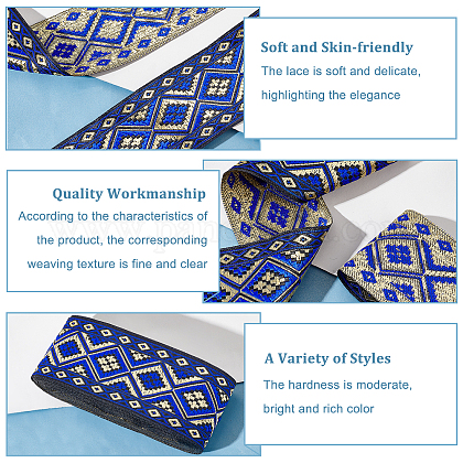 エスニックスタイルのポリエステルトリム  縫製装飾用ポリエステルリボン  ひし形のフラット  ブルー  2インチ（50mm）  約7.66ヤード（7m）/バンドル OCOR-WH0074-13-1
