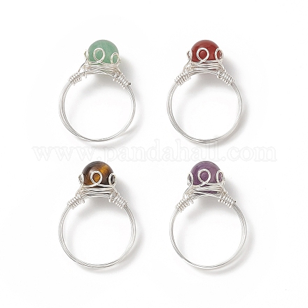 天然宝石の編み込みビーズの指輪  女性のための銅線ラップジュエリー  銀  内径：usサイズ7 1/4（17.5mm）  4個/セット RJEW-TA00066-1