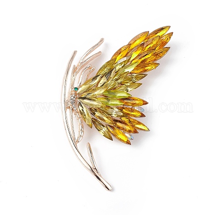 ラインストーンの蝶のブローチピン  女性用ライトゴールド合金バッジ  トパーズ  73.5x64x15mm  ピン：0.8mm JEWB-P016-03LG-01-1