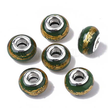 レジンヨーロピアンビーズ  大穴ビーズ  真鍮の芯と金箔が入った  シルバー箔ストライプ付き  ロンデル  プラチナ  濃い緑  14x9mm  穴：5mm RPDL-N014-01B-1