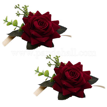 CRASPIRE 2PCS Wedding Wrist Flower Wine Red Artificial Floral Wrist Corsage Bridal Rose Leaf Silk Ribbon Hand Flowers for Bride and Bridesmaid Festival Prom Engagement AJEW-WH0240-13-1