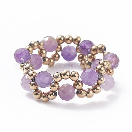 Natural Amethyst & Glass Seed Braided Bead Finger Ring RJEW-JR00465-04-1