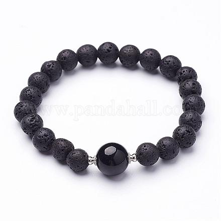 Bracelets extensibles perlés en pierre de lave naturelle BJEW-JB02618-01-1