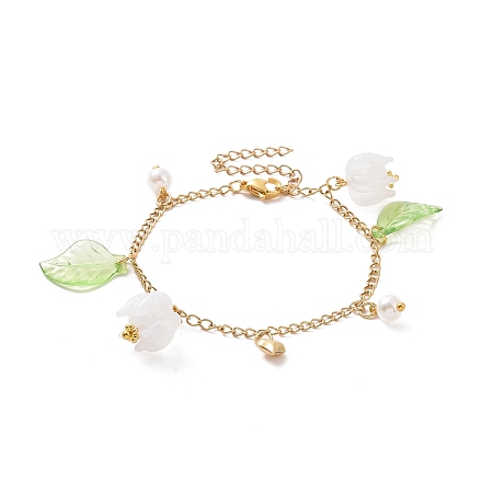 Bracelet à breloques feuille et fleur en acrylique et perle en plastique BJEW-JB09077-1