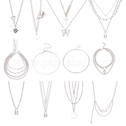 Anattasoul 18 piezas 18 estilo aleación bordillo y clip y cadena de espiga conjunto de collares NJEW-AN0001-43-1