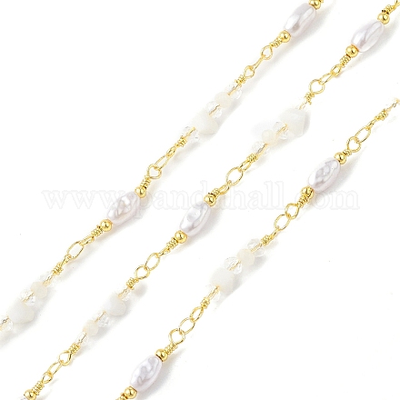 Chaînes à maillons en perles de verre en laiton avec perles d'imitation ABS CHS-P016-39G-04-1