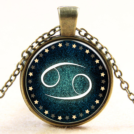 Constellation de cancer / signe du zodiaque plat rond pendentif en verre colliers NJEW-N0051-022D-01-1