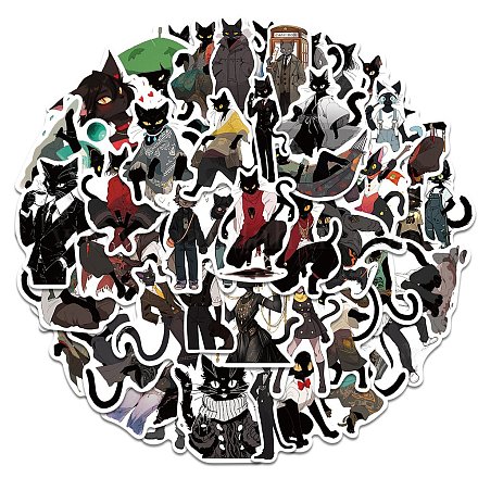 50 個の黒猫の形の PVC 自己粘着漫画ステッカー  ラップトップ用防水ステッカー  ボトル  荷物の装飾  ミックスカラー  43~76x33~71x0.2mm STIC-G001-07-1