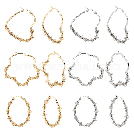 Unicraftale 6 paires 6 style coeur & fleur & ovale 304 boucles d'oreilles créoles enveloppées de fil d'acier inoxydable EJEW-UN0001-84-1