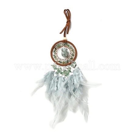 Natural Green Aventurine Chips Woven Net/Web with Feather Pendant Decoration WICH-PW0001-39D-1