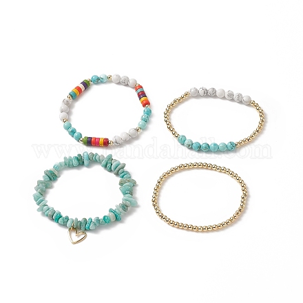 Set di 4 pz 4 pietre preziose miste naturali e sintetiche in stile e braccialetti elasticizzati con perline heishi BJEW-JB09922-1