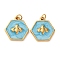 304 Stainless Steel Enamel Pendants, Hexagon with Bees Charm, with Jump Ring, Ion Plating(IP), Real 18K Gold Plated, Deep Sky Blue, 15.5x15x3mm, Hole: 2.5mm