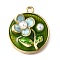 Alloy Enamel Pendants, with ABS Imitation Pearl, Flat Round with Flower, Rack Plating, Long-Lasting Plated, Lead Free & Cadmium Free & Nickel Free, Golden, Green, 24x20.5x7mm, Hole: 1.8mm